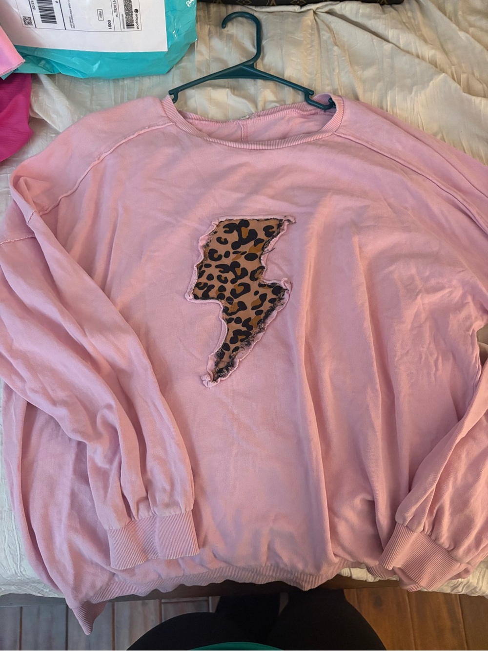 Women's Light Pink Crewneck Sweater with Leopard Lightning Patch